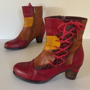 Vintage  Bohemian Patchwork Leather Ankle Boots Colorful Lace-Up  Side Zip Sz 39